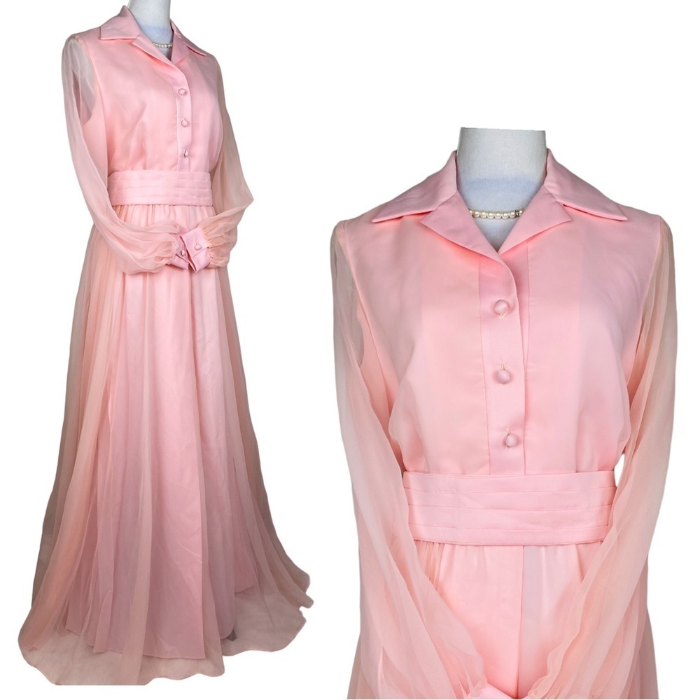 1970 Bubble Gum Pink Chiffon Princess Dress Full Length Vintage Jack Bryan Large